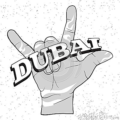 Dubai Lettering on Rock Hand Devil Horn Vector Illustration