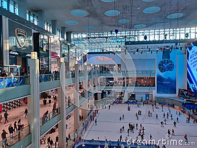 Dubai Mall interior and stores, largest shopping mall and iconic tourist attraction spot in downtown Dubai | Dubai ice rink Editorial Stock Photo