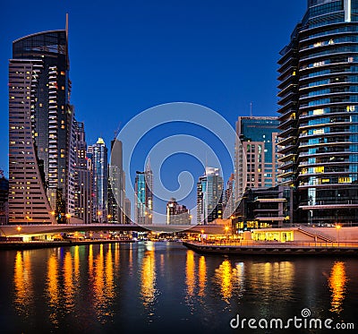 Dubai Marina, Dubai, UAE at Dusk Editorial Stock Photo