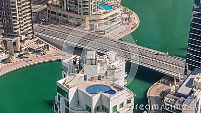 Dubai Marina waterfront and city promenade timelapse from above. Editorial Stock Photo