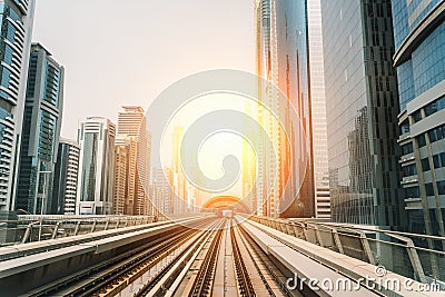 Dubai metro railroad at new futuristic skyscrapers buildings skyline background at sunset Stock Photo