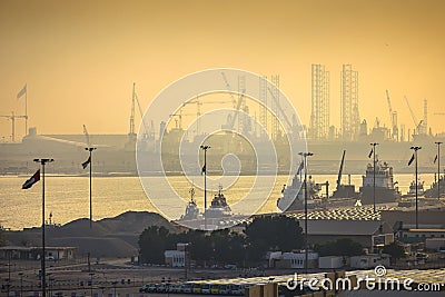 Dubai port view at sunset Stock Photo