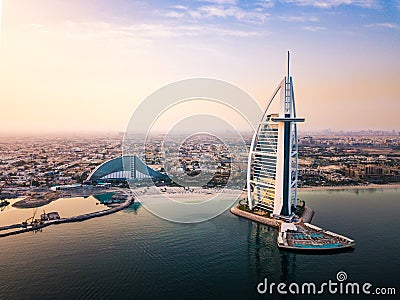 Dubai seaside skyline and Burj Al Arab luxury hotel at sunrise Editorial Stock Photo