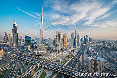 Dubai skyline with beautiful city close to it's busiest highway on traffic Stock Photo