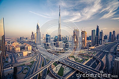 Dubai skyline with beautiful city close to it's busiest highway on traffic Stock Photo