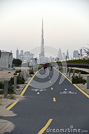 Dubai skyline from Nad Al Sheba bicycle track road, Dubai, United Arab Emirates Editorial Stock Photo