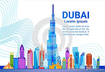 Dubai Skyline Panorama, Modern Building Cityscape Business Travel And Tourism Concept Vector Illustration