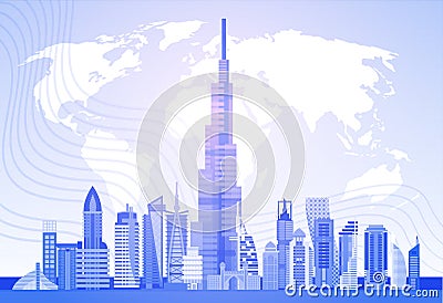 Dubai Skyline Panorama Over World Map, Modern Building Cityscape Business Travel And Tourism Concept Vector Illustration