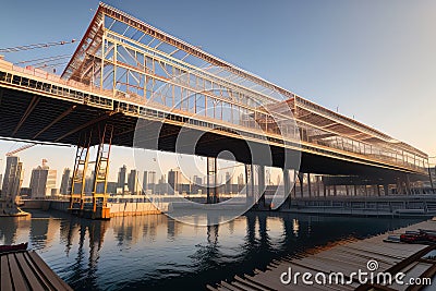 Dubai skyline panoramic sunset Burj khalifah beautiful Dubai UAE city skyline with blue sea and Stock Photo