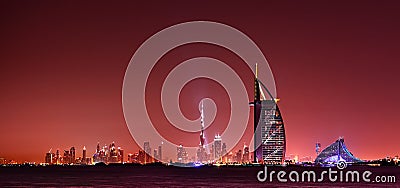 Dubai skyline reflection at night, Dubai, United Arab Emirates Editorial Stock Photo