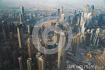 Dubai skyline with skyscrapers in downtown aerial view from above. Morning in futuristic luxury city with many high Stock Photo