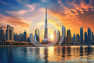 Dubai skyline at sunset, United Arab Emirates, Middle East. Beautiful Dubai downtown at the sunset,Dubai,United Arab Emirates, AI Stock Photo