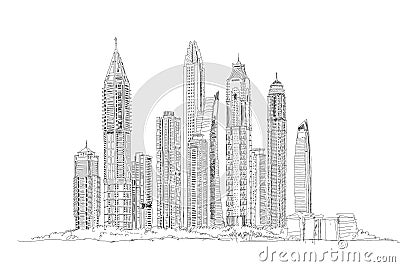 Dubai. Skyscrapers of the Dubai Marina. Sketch collection illustration Vector Illustration