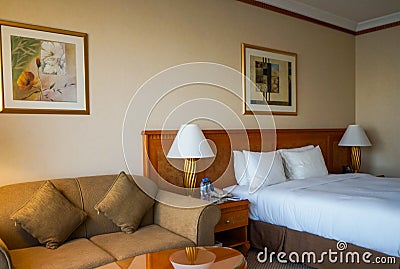 Dubai. Summer 2016. The bright interior of the hotel Hilton Sharjah. Editorial Stock Photo