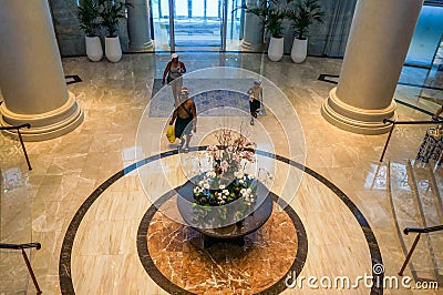 Dubai. Summer 2016. Bright and modern interior the hotel Waldorf Astoria Dubai Palm Jumeirah. Editorial Stock Photo