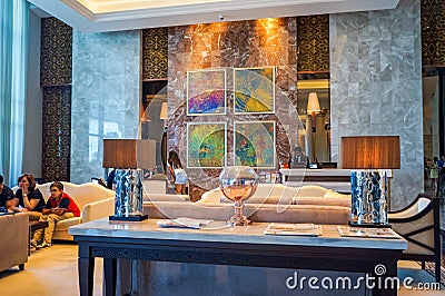 Dubai. Summer 2016. Bright and modern interior the hotel Waldorf Astoria Dubai Palm Jumeirah. Editorial Stock Photo