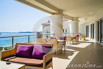 Dubai. Summer 2016. Bright and modern interior the hotel Waldorf Astoria Dubai Palm Jumeirah. Editorial Stock Photo