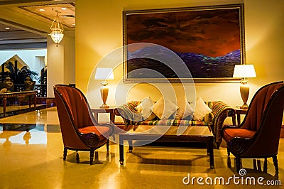 Dubai. In the summer of 2016. Modern and bright interior in the hotel Kempinski. Editorial Stock Photo