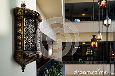 Dubai. In the summer of 2016. Modern and bright interior in the hotel Kempinski, Ajman. Designer chandelier in the lobby hotel. Editorial Stock Photo