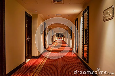 Dubai. In the summer of 2016. Modern and bright interior in the hotel Kempinski. The hotel hallway. Editorial Stock Photo