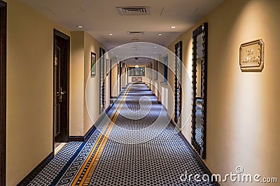 Dubai. In the summer of 2016. Modern and bright interior in the hotel Kempinski. The hotel hallway. Editorial Stock Photo