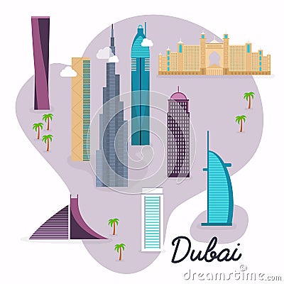 Dubai. Travel map and vector landscape of buildings and famous l Vector Illustration