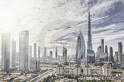 DUBAI, UAE - CIRCA 2022: High key panorama of down town Dubai modern city Editorial Stock Photo