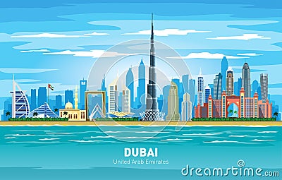 Dubai UAE city skyline color vector silhouette Cartoon Illustration