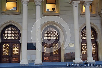 Dubai UAE December 2019 Facade of a mosque with ornate decoration. Arabic architecture. Arabic oriental styled doors of mosque. Editorial Stock Photo