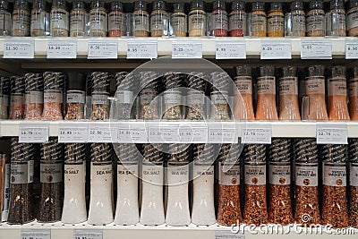 Dubai uae December 2019 Sea salt, pepper, spices, herbs, coriander etc put in shelves for sale. Shelves with herbs, spices and Editorial Stock Photo