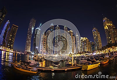 DUBAI, UAE - FEBRUARY 28: Dubai Marina at dusk. Editorial Stock Photo