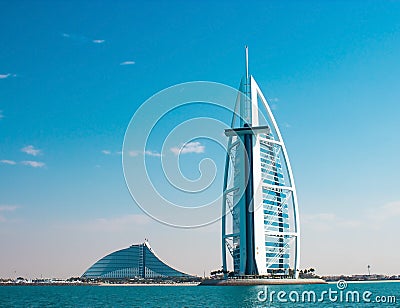 DUBAI, UAE - January, 2015: Two luxury hotels Burj Al Arab and Jumeirah Beach Hotel in Dubai Editorial Stock Photo