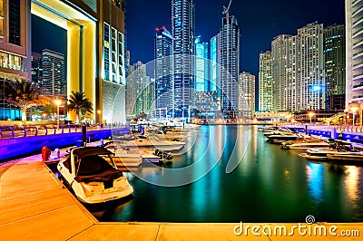 DUBAI, UAE - MARCH 22, 2014: Night dubai marina skyline, Dubai, United Arab Emirates Stock Photo