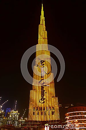 DUBAI, UAE - May, 2019: Night view Burj Khalifa. Ramadan Kareem greeting. Tallest building in the world. Dubai, 2019. Editorial Stock Photo