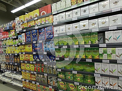 Dubai UAE - May 2019: Twinnings tea in boxes on displayed for sale at Supermarket. Assorted packets of tea displayed for sale on Editorial Stock Photo