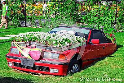 DUBAI, UAE - NOV, 2013: Fun cartoon car made with flowers at the Miracle Garden in Dubai. United Arab Emirates Editorial Stock Photo