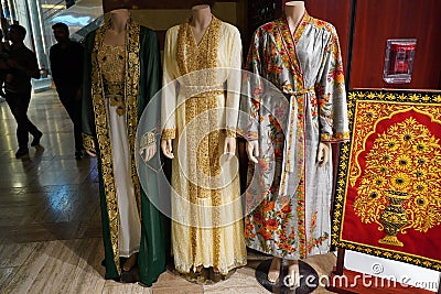 Dubai UAE - November 2019: Arabic Women`s Clothes Displayed for Sale at a Boutique Luxury Cloth Store on mannequin. Outside Women Editorial Stock Photo
