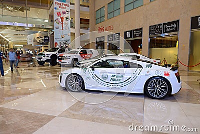 The Audi R8 V10 sportscar of Dubai Police is on Dubai Motor Show 2019 Editorial Stock Photo