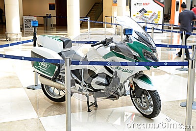 The BMW bike of Dubai Police is on Dubai Motor Show 2017 Editorial Stock Photo