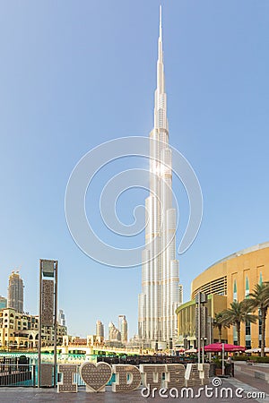 DUBAI, UAE - November 09, 2018: Burj Khalifa tower with I love Dubai text in front. Editorial Stock Photo