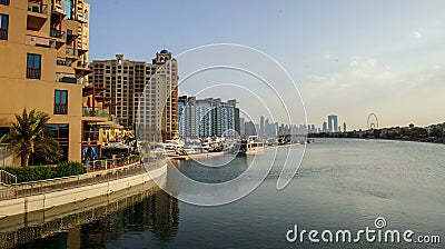 DUBAI,UAE,29 OF NOVEMBER OF 2020: Views of Palm Jumeirah island with ships Editorial Stock Photo