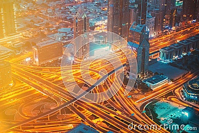 Dubai, UAE, United Arab Emirates - May 25, 2021: Aerial View Of Evening Night Traffic Of Dubai. City Street Night Yellow Editorial Stock Photo