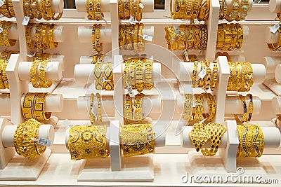 Dubai gold souk market window with jewellery, bracelets and luxury accessories Editorial Stock Photo