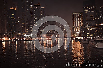 DUBAI, UNITED ARAB EMIRATES - UAE - 23 APRIL 2016: Skyscrapers of Dubai Marina at night. Stock Photo