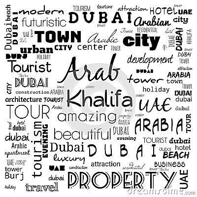 dubai word cloud, text,word cloud use for banner, painting, motivation, web-page, website background, t-shirt & shirt printing, Cartoon Illustration
