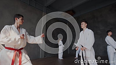 Dubbelen of duels in taekwondoschool De leerlingen bevinden zich in een het vechten houding en voeren stakingen uit Krachtige Aan stock video Dubbelen of duels in taekwondoschool De leerlingen bevinden zich in een het vechten houding en voeren stakingen uit Krachtige Aan stock video