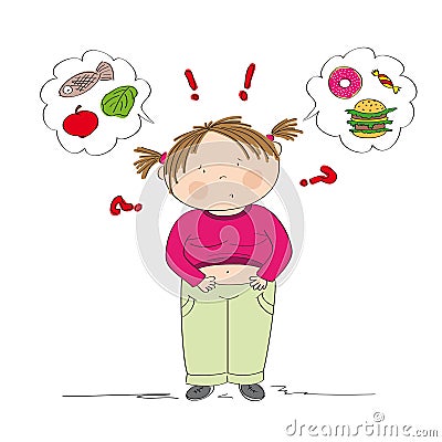 Dubious fat girl thinking of food, trying to decide what to eat Vector Illustration