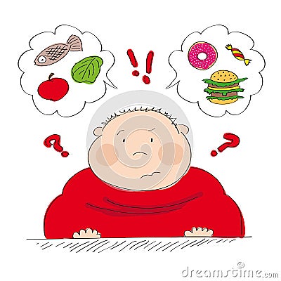 Dubious fat man thinking of food, trying to decide what to eat Vector Illustration