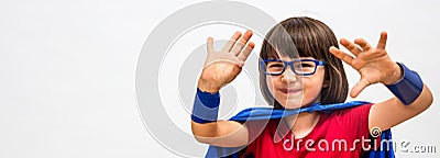 Dubious super smart hero child for critical mindset or manipulation Stock Photo