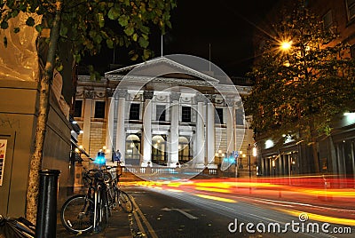 Dublin city hall at night, shining traffic lights and color lights and trails of the traffic, Dublin, Ireland Stock Photo